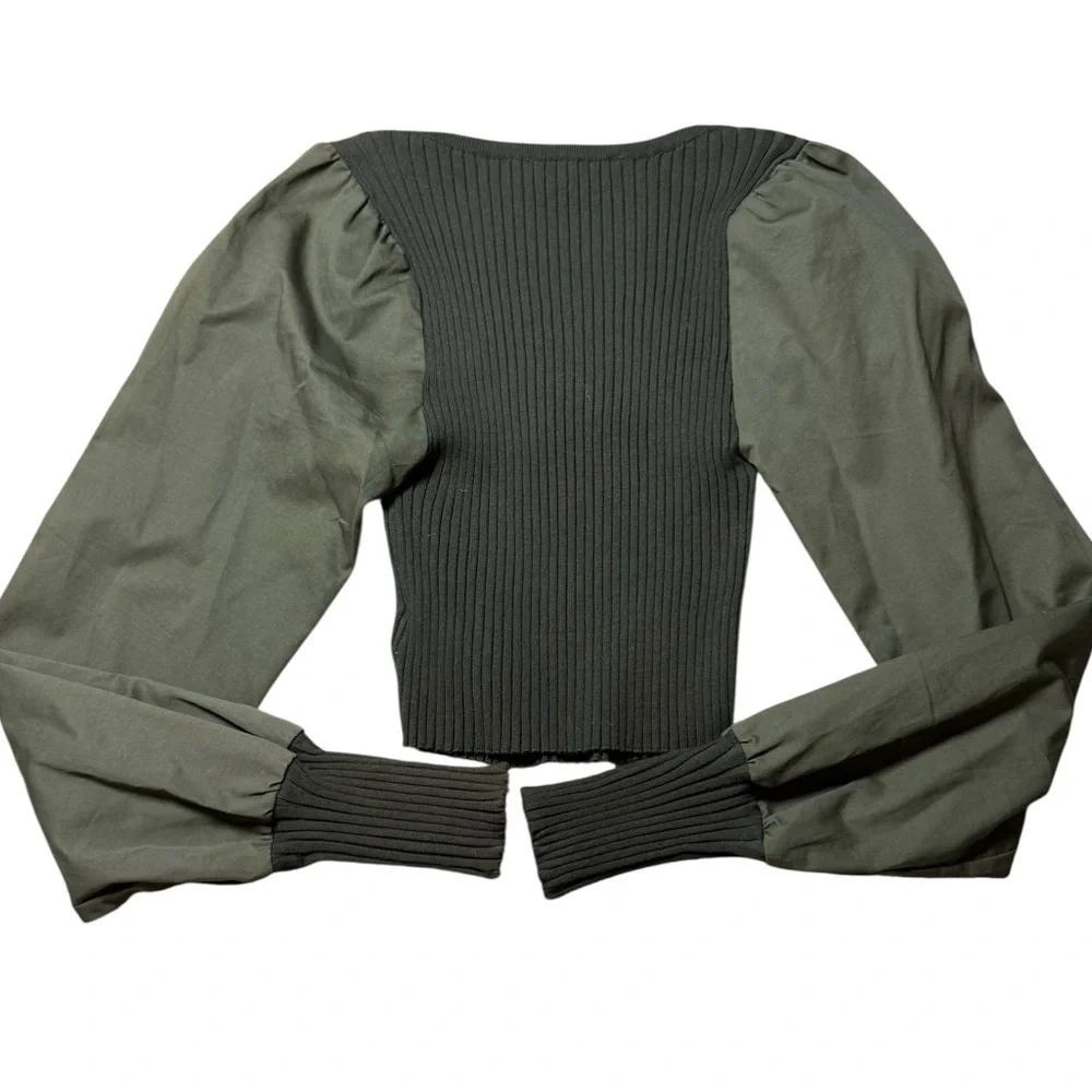 En Saison Shelburne Blouse Green XS Puff Sleeve Ribbed Top from Anthropologie